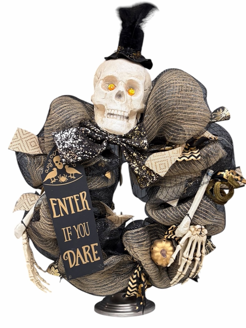 Halloween Skeleton Skull Mesh Door Wreath Black Gold 24x20 Spooky Wreath